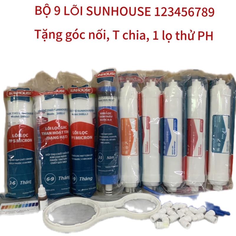 BỘ 9 LÕI LỌC NƯỚC SUNHOUSE 123456789 gồm lõi 1 Pp5,lõi 2 than hoạt tính GAC,lõi 3 pp5, RO lõi 4, khoáng 5 ,6,7 8 9 tặng góc nối, T chia, tay công đôi, 1 lọ thử PH dùng thay thế cho máy lọc RO,chức năng nâng cao PH,bổ sung khoáng chất,tạo vị ngọt của nước