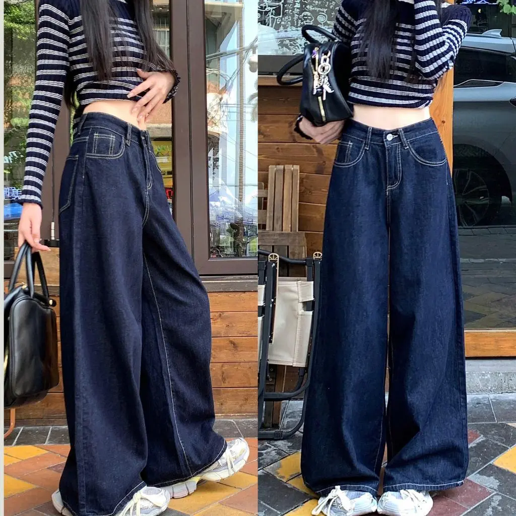 Quần jean ống rộng JEANS MỀM xanh đậm viền chỉ nổi