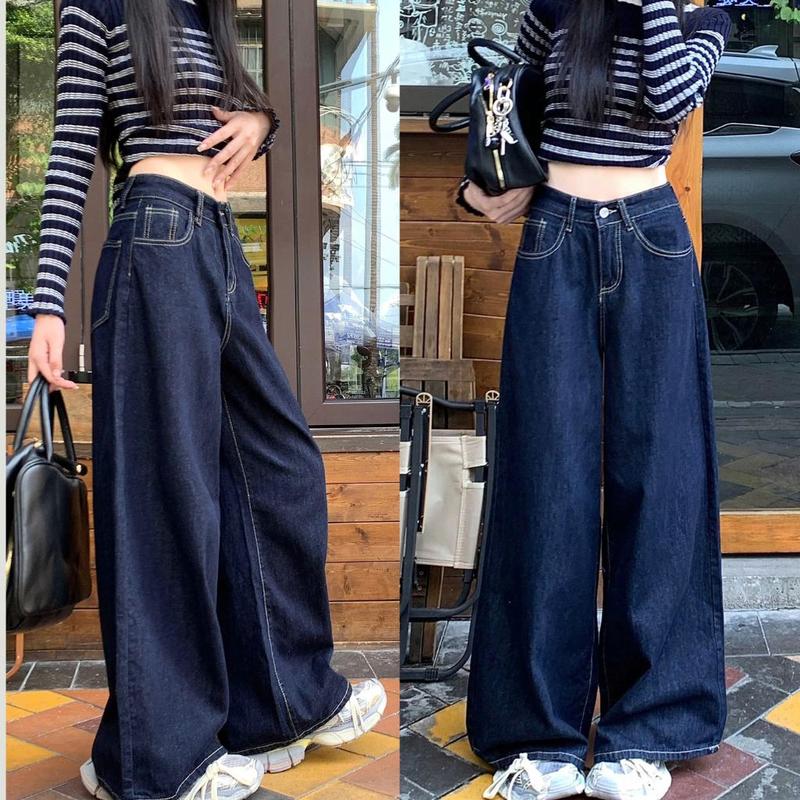 Quần jean ống rộng JEANS MỀM xanh đậm viền chỉ nổi