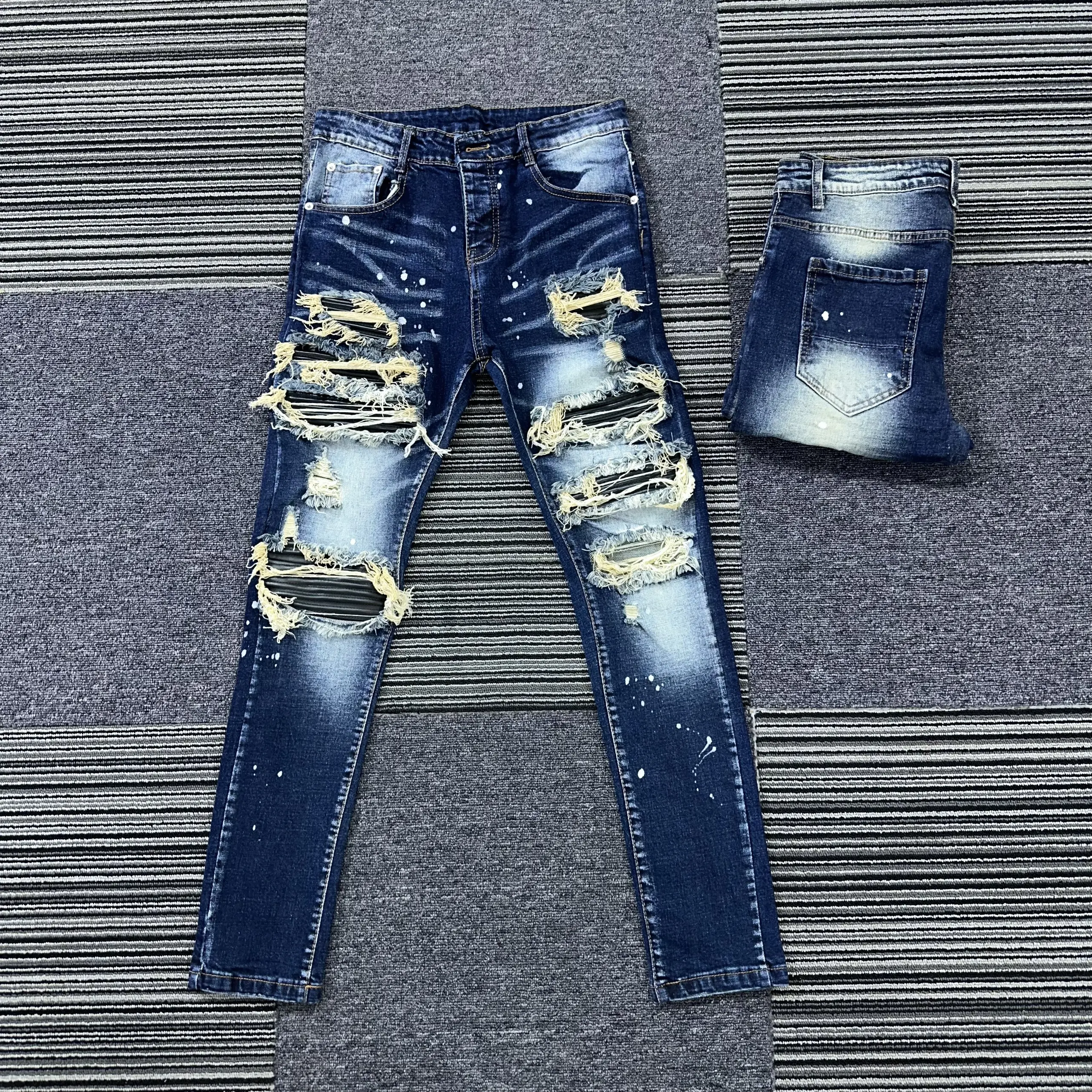QUẦN Jeans NAM XANH VÁ DA ĐẬM HAI Menswear