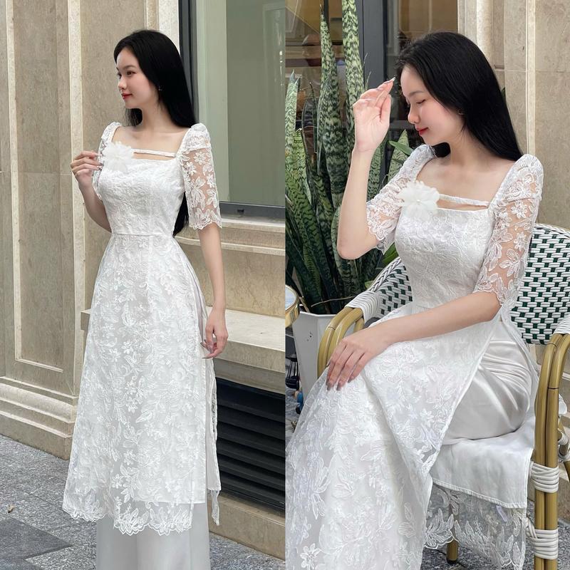  Áo Dài Nữ Thiết Kế EMME V1964 Ren Tay Lửng Nhún Phối Dây Ngang Ngực 4 Tà Dáng Dài Cách Điệu   Kèm Tag Hoa & Quần Lụa   - Thanh Tự Women  Voan 