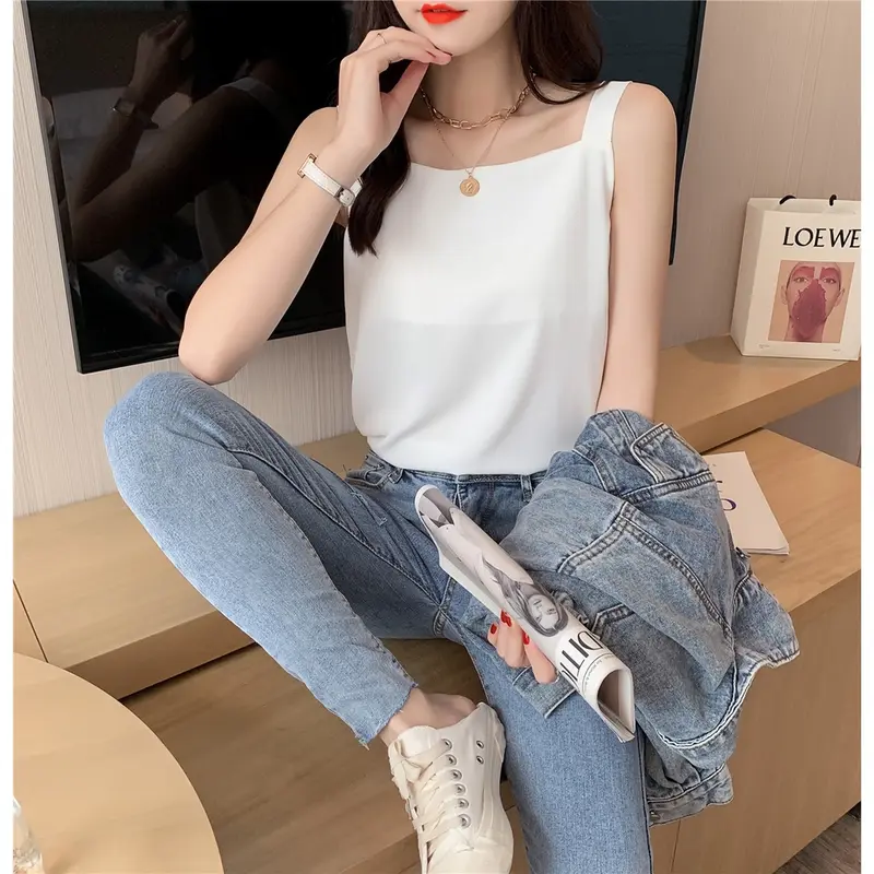 Áo hai dây nữ lụa cổ vuông Top Women Nhung AO0010 - Hồng, Trắng, Đỏ đô, Đen, Xanh rêu -  tank nu yếm hở lưng mặc  tube 3 lỗ 1