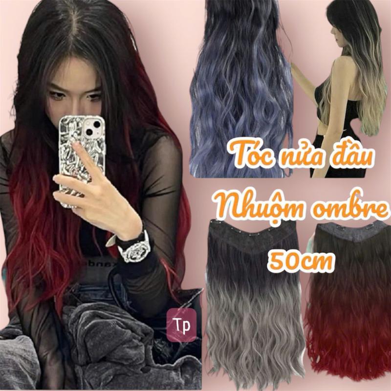Tóc giả nửa đầu xoăn nhuộm Ombre xám khói, tóc giả kẹp cho nữ phong cách Hàn Quốc Women Wig