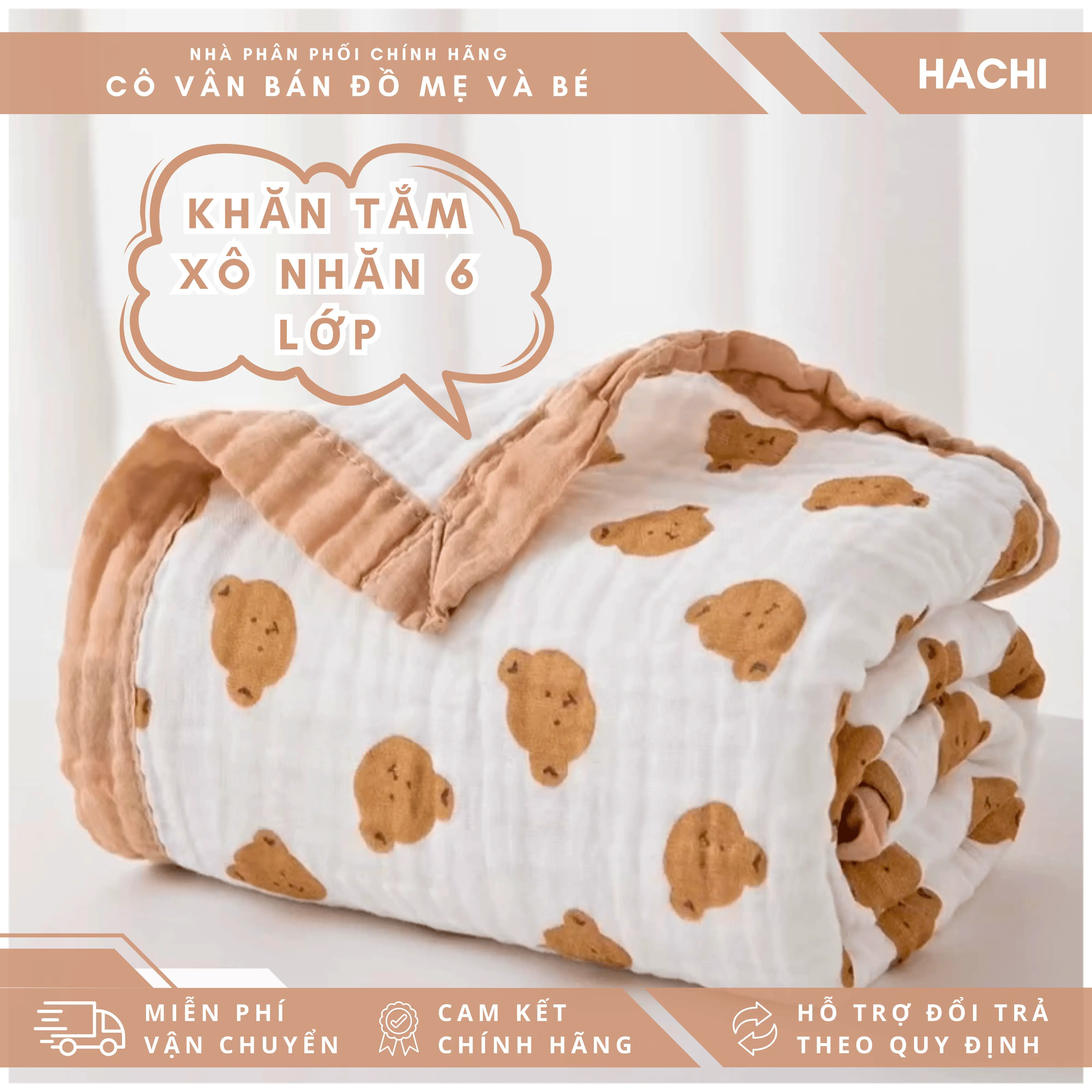 [Chọn Mẫu] Khăn tắm xô nhăn 6 lớp HACHI BABY đa năng thấm hút tốt, mềm mại cho da bé