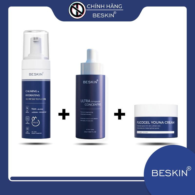 [=> COMBO DƯỠNG SÁNG DA GIÀNH CHO DA KHÔ, THƯỜNG, SẠM NÁM <=]: Toner tạo bọt 150ml, Tinh chất "ULTRA AMPOULE" 50ml, Kem đa chức năng "FUCOGEL" 21ml - Thương hiệu: Beskin Việt Nam - Làm Đẹp Da Skincare