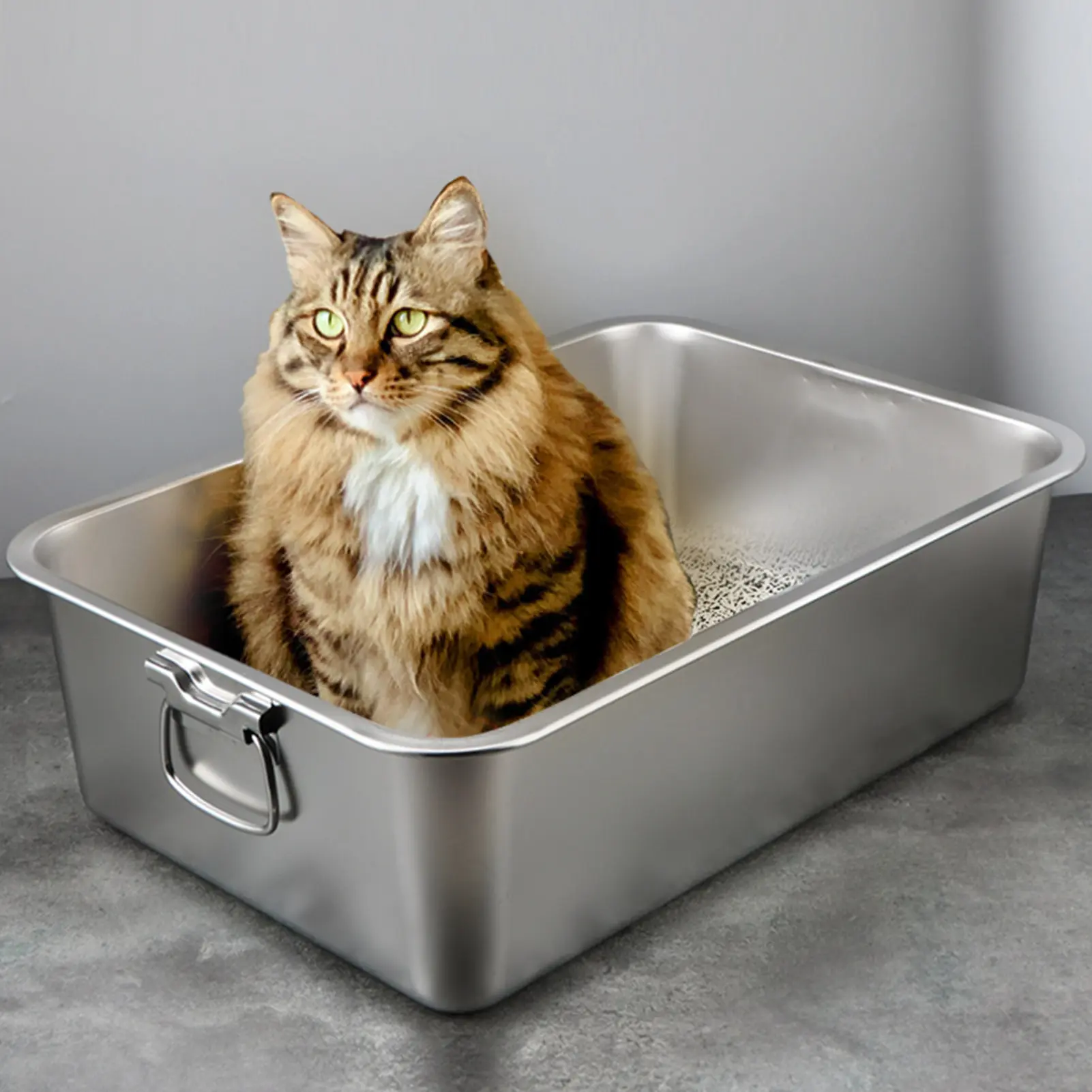 slolbut-Rectangle Stainless Steel Cat Litter Box Broken-resistant Low Entry Open Spacious Metal Litter Pan Pet Accessories