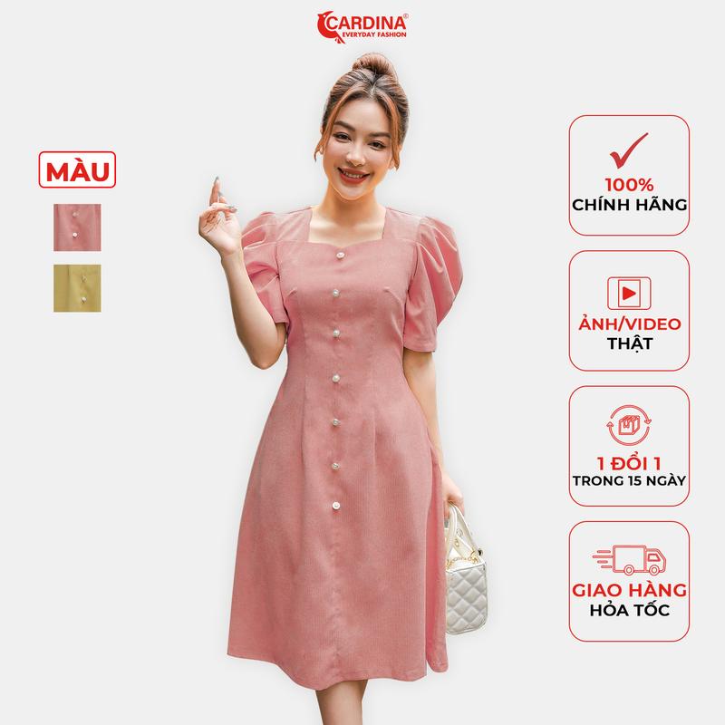 Đầm Nữ CARDINA Váy Công Sở Chất Nhung Tăm Cao Cấp Dáng Xòe Chữ A Cổ Vuông Tay Bồng Tôn Dáng Sang Trọng 2VN05