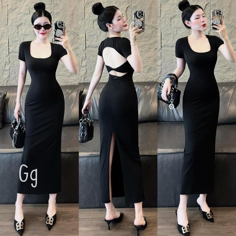 Đầm tay ngắn cổ vuông hở lưng 2 xoắn ôm body dáng dài xẻ tà cực hot