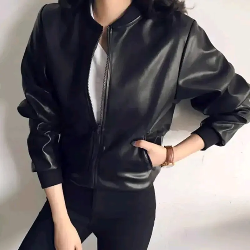 Jaket Kulit Wanita Bomber Motoran Anti Masuk Angin Hijab Outfit Mamba Mafia Musim dingin Santai 2