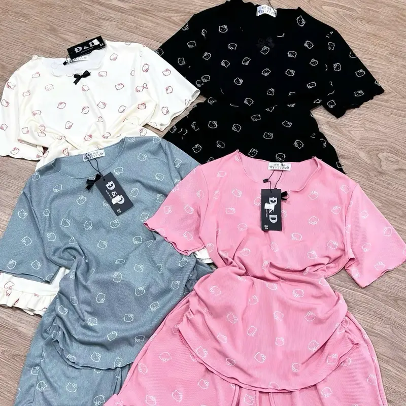 (Mua 1 tặng 5)80.737 SET BỘ ĐỒ ÁO TAY NGẮN VIỀN LAY BÈO IN MÈO KITTY QUẦN ĐÙI XÒE. thun gân tăm lạnh Nữ Women Top 8