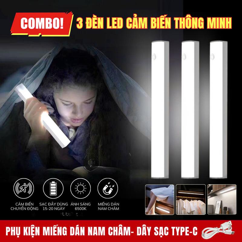 Combo 3 Đèn Led Cảm Biến Chuyển Động Thông Minh Dán Tường 3 Chế Độ Ánh Sáng Trắng Phụ Kiện Miếng Nam Châm Sạc Type-C Usb