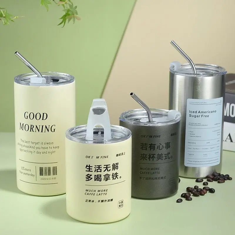 Tumbler Coffee Cup Stainless Steel / Botol Minum Stainless Steel / Termos Cup Botol Bahan Stainless Free Sedotan Botol Semi DOFF & GLOSSY Cangkir Putih