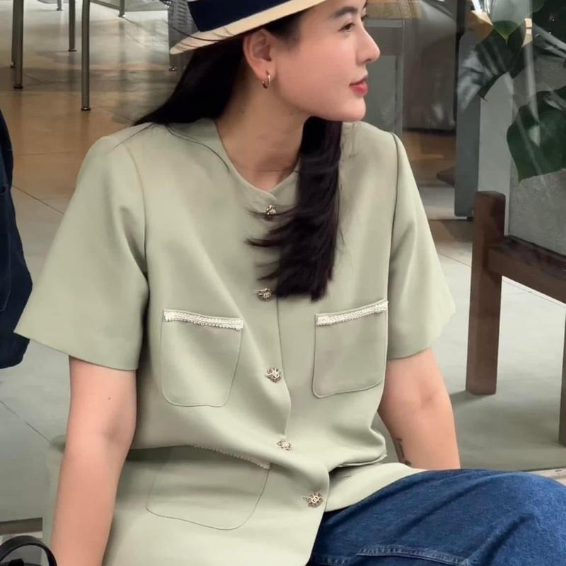 BLAZER MINT - MAISON LEENAA, blazer tay cộc basic khuy đá lấp lánh