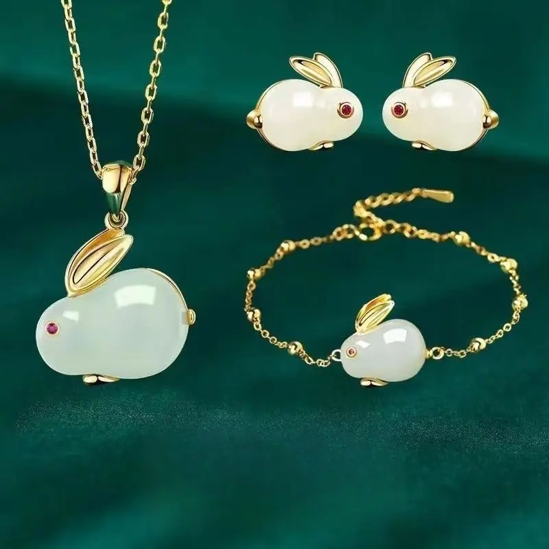 Yutu Bracelet Girl's Necklace Cute Rabbit Stud Earrings Set Trendy and Versatile Set for Giving As A Gift To Friends or Girlfriends Featuring Cute Little Rabbit Earrings