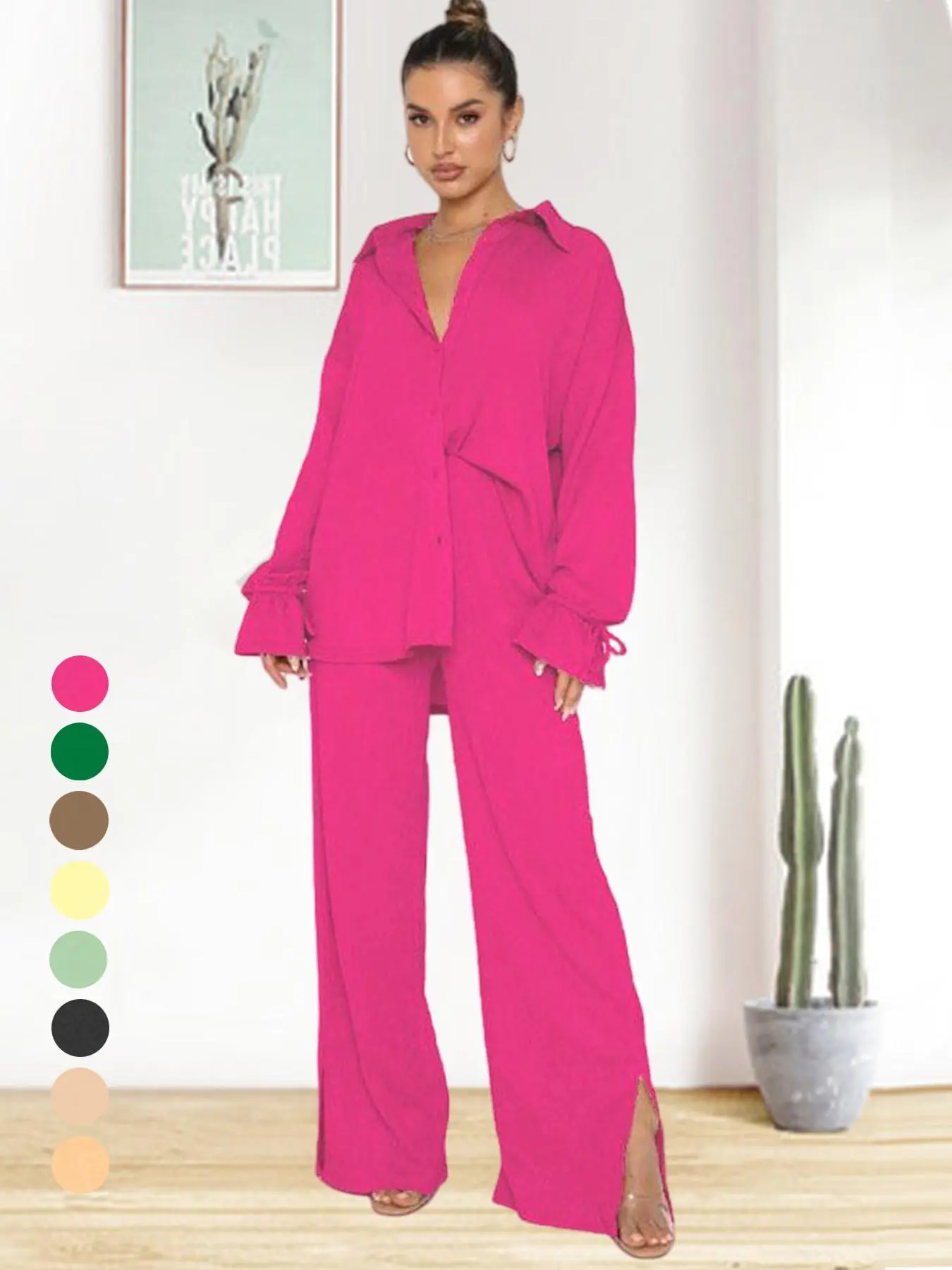 Two-piece Set Women's Solid Long Sleeve Button Front Shirt & Split Hem Pants Set, Night Out Outfits, Mean Girls Chav Sets, Autumn Outfits 2024, Casual Flounce Sleeve Top & Wide Leg Trousers Summer Sets 2024, Lady Clothing
