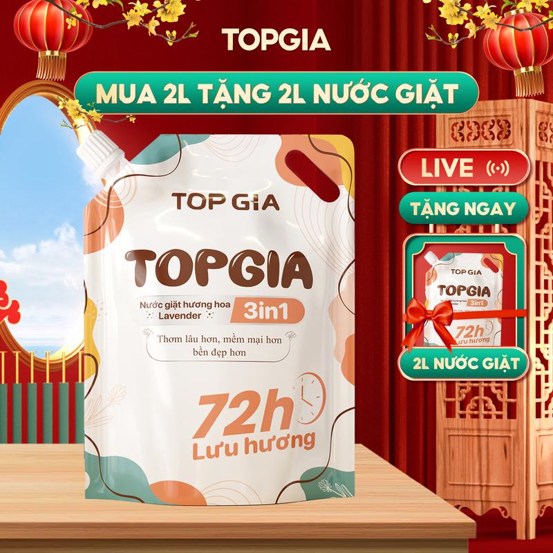 (LIVE MUA 1 TẶNG 1) Túi Nước giặt xả TopGia 2L TẶNG 1 túi nước giặt xả TOPGIA 2L hương Lavender, Nước giặt xả quần áo làm sạch, ngừa khuẩn, làm mềm vải và lưu hương dài lâu (Tổng 4KG)