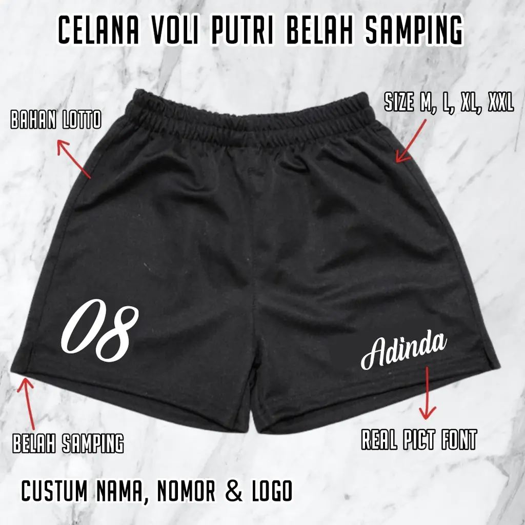 Celana pendek voli putri custum nama belah samping font latin gandeng Sport