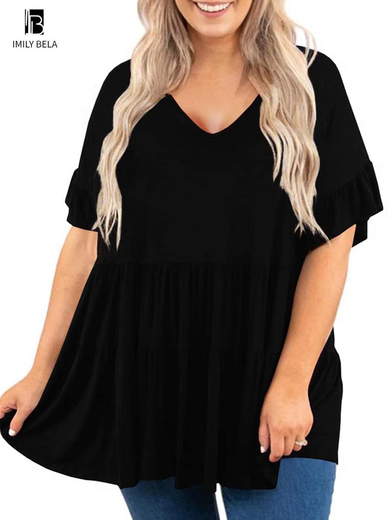 Product Introduction of 【Plus Size】 Solid V Neck Tee, Casual Short Sleeve T-shirt for Summer, Women's Clothing for Daily Wear 1