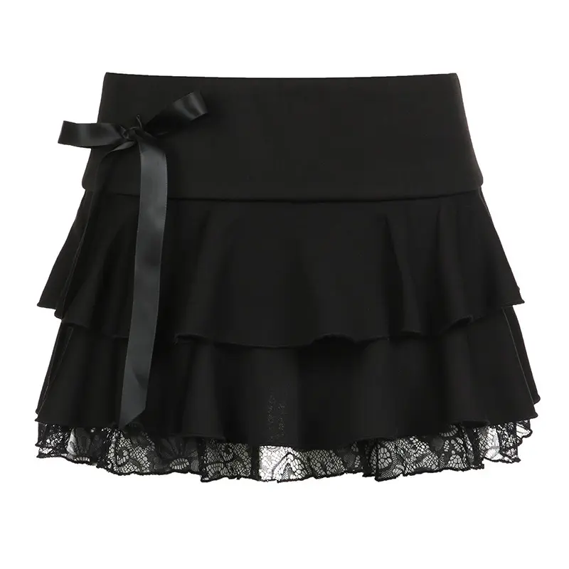 CCCindee Women's 2024 Dark Lace Stitching Bow Skirt