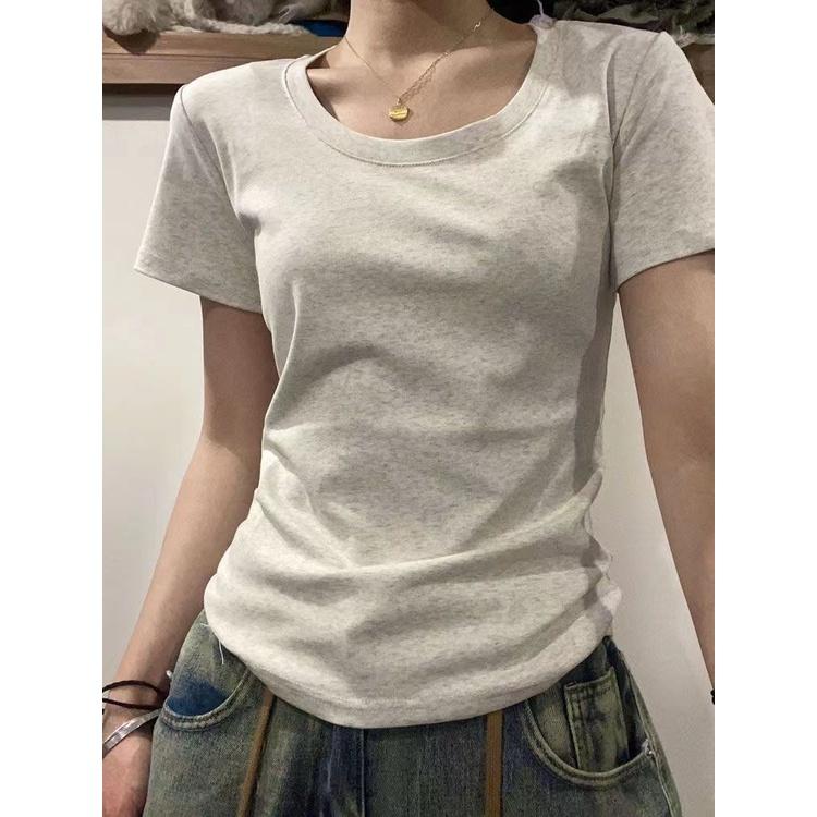 [100% cotton ]Áo baby tee Áo Thun ôm body Áo y2k ngắn tay cổ chữ U hở vai thời trang Top Nữ Women Cổ Tròn