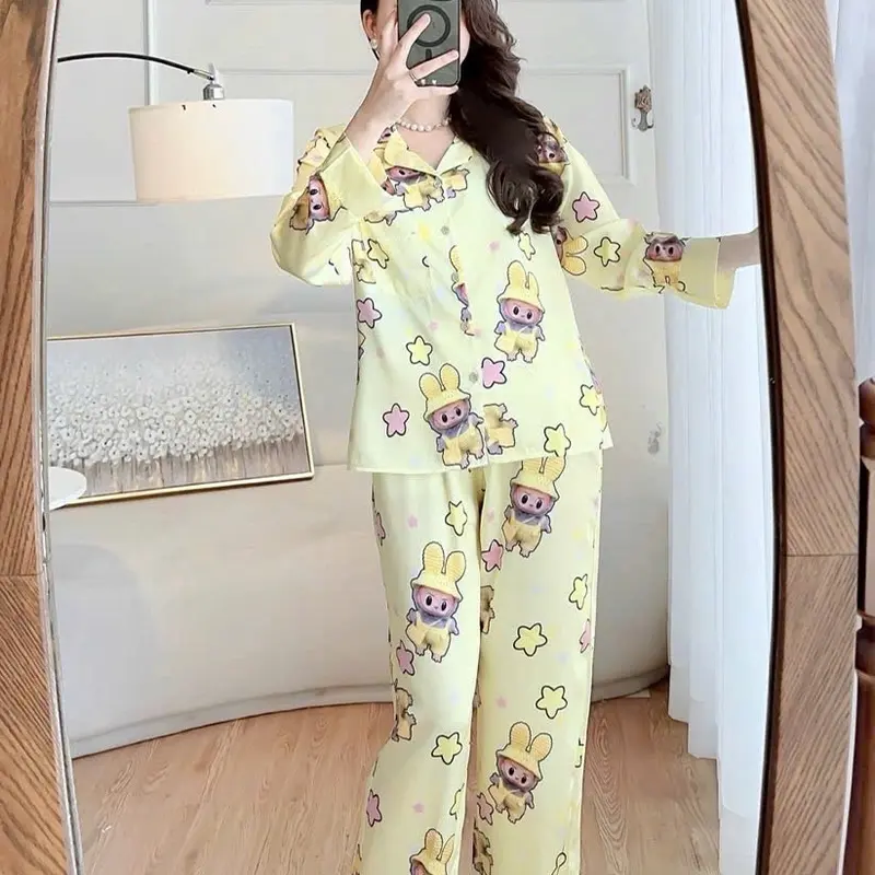Bộ Labubu Lụa Latin Mẫu Đẹp Nhiều Màu Cho Nữ - Women, Size 40kg-60kg Áo Beige Button Front Pajamas ống suông xanh biếc cỡ nhỏ dobo  teddy quần  hoạt hình  bò sữa bo  la bu lưng  mặc Ong Nhung Nho bông  pi đồ  bộ alady đồ  bộ đồ  bộ   ladder 3