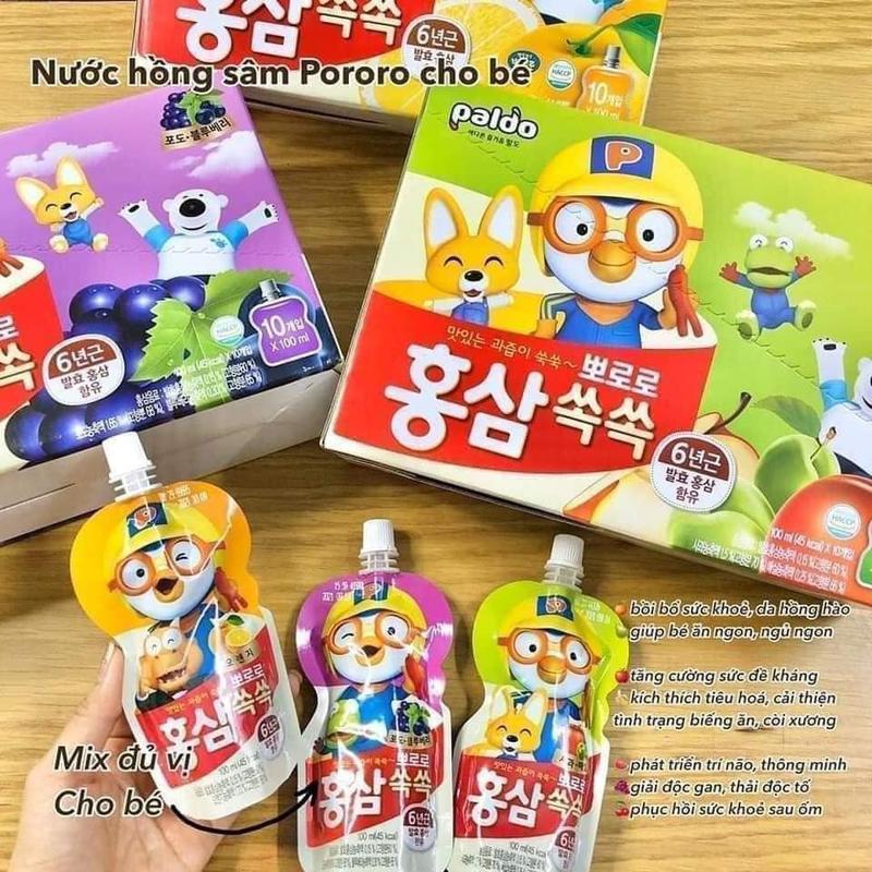 Nước Hồng Sâm Trái Cây Paldo Poro ro HQ (Hộp 10 Túi x 100 ML) 0