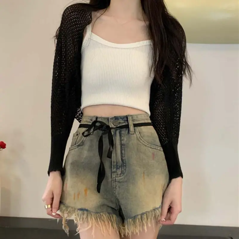 Áo Cardigan Dệt Kim, Phong Cách Thường Ngày Ngoại Cỡ, Thiết Kế Khoét Lỗ Dáng Rộng Vừa Vặn, Áo Đan Móc, Thích Hợp Đi Biển, Áo Crop Top Mỏng, Chống Nắng, Khăn Choàng Chống Nắng Dệt Kim, Lý Tưởng Cho Kỳ Nghỉ 7