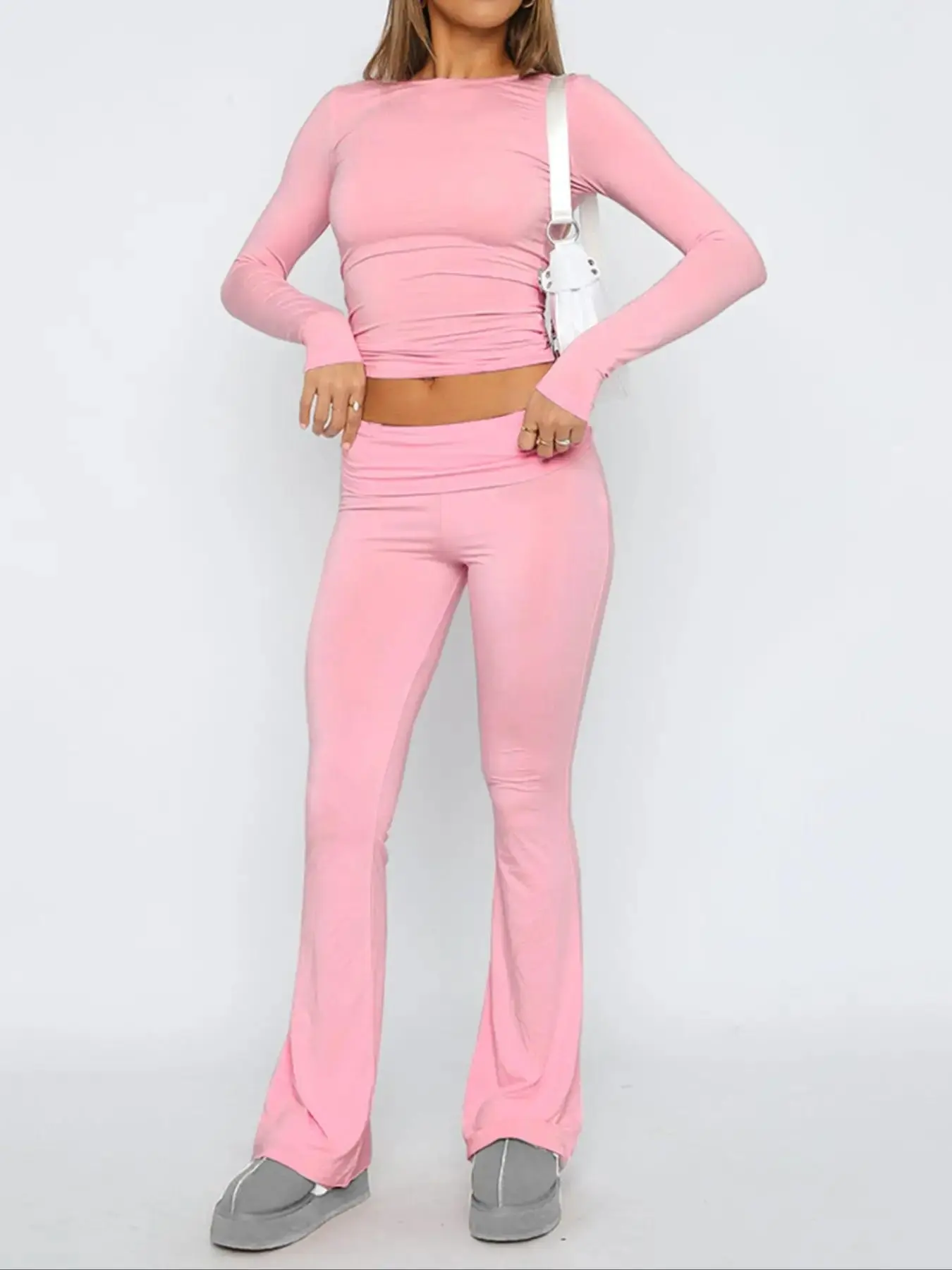 Women's Solid Long Sleeve Crop Tee & Flare Leg Skinny Pants Loungewear Set, Casual Round Neck Top & Bell Bottom Leggings, Sleepwear Set for Women, Pajamas, Pajama Sets Women