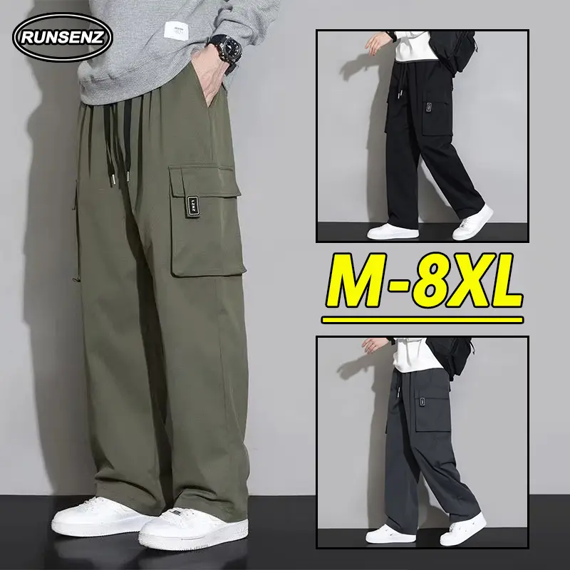 M-8XL Korean Green Cargo Pants Men Simple Loose Casual Straight Leg Plus Size Long Pants