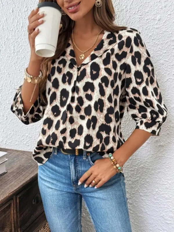 Women's Leopard Print 3/4 Sleeve Blouse, Elegant Top for Work Office Business, Ladies Clothes for Summer 3