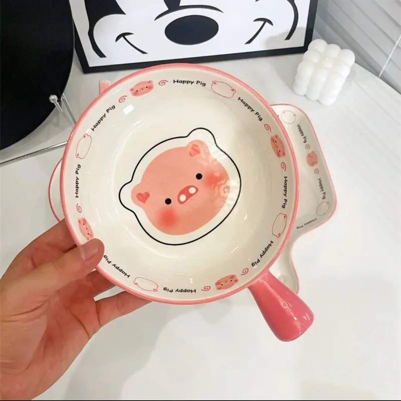 Bộ bát sứ có tay cầm kèm thìa hoạ tiết heo siu cưng 2