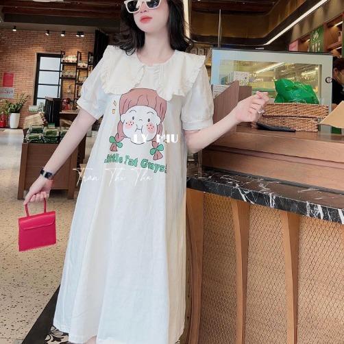 Đầm suông nữ dáng dài chữ a cổ bèo in hình baby doll chất cotton