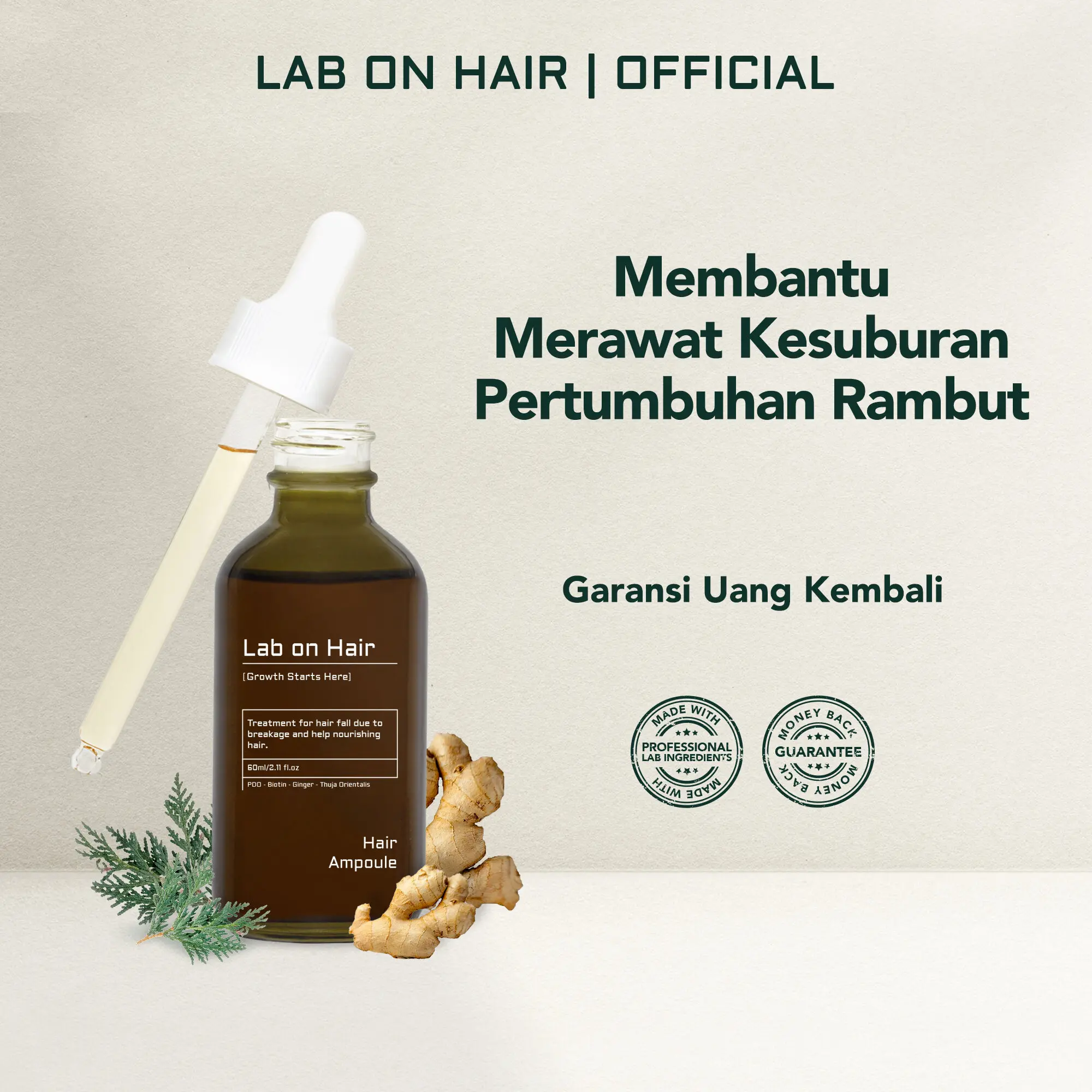 Lab On Hair Anti Hair Fall Ampoule Serum - Hair Oil Serum Rambut Anti Rontok Mempercepat Pertumbuhan Rambut with PDO + Biotin + Ginger