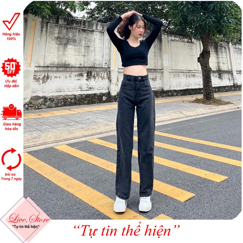 Quần jean nữ ống suông Quần bò nữ ống rộng lưng cao màu Đen khói QJ01