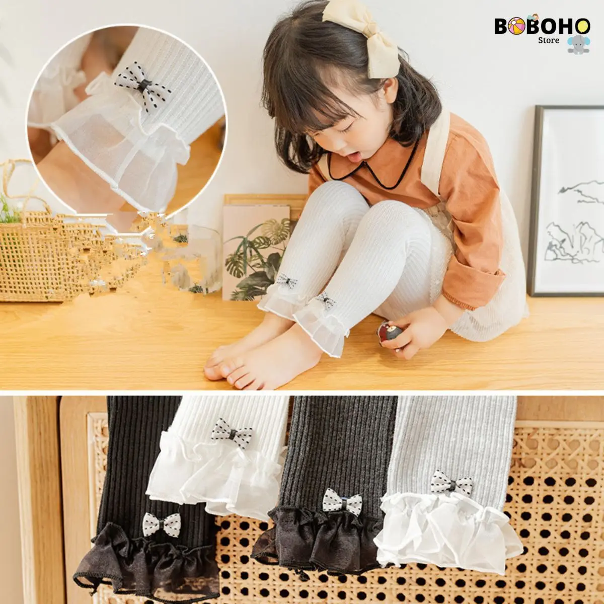 Boboho - Legging Anak Bayi Perempuan Motif Renda Pita Titik-Titik Bahan Katun Cewek Anak-Anak