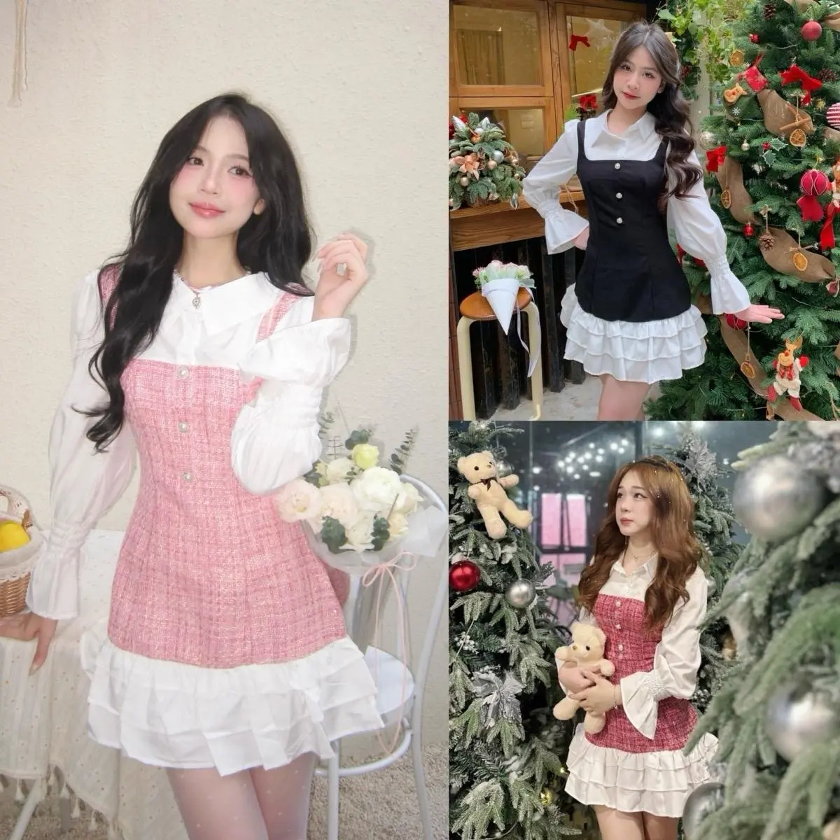 váy dạ yếm + sơ mi trắng dáng liền * LYLY DRESS * dài tay dáng xòe tiểu thư sang chảnh