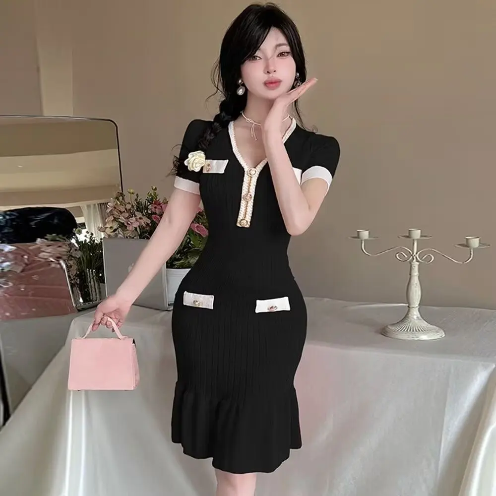 Socialite Style Elegant Knitted Color Block Dress for Women Summer Slim Fit  Slimming Elegant V-neck