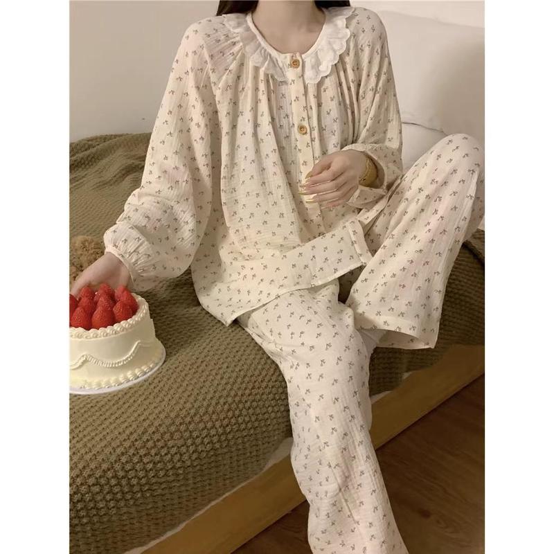 Bộ Đồ Ngủ Nữ, Phong Cách Hàn Quốc, Cỡ Nhỏ Thiết Kế Hoa, Đường Viền Cổ Áo Hoa, Áo Dài Tay Và Quần, Đồ Mặc Nhà Thường Ngày Mẫu Mới Cho Mùa Xuân, Mùa Thu Và Mùa Đông 7