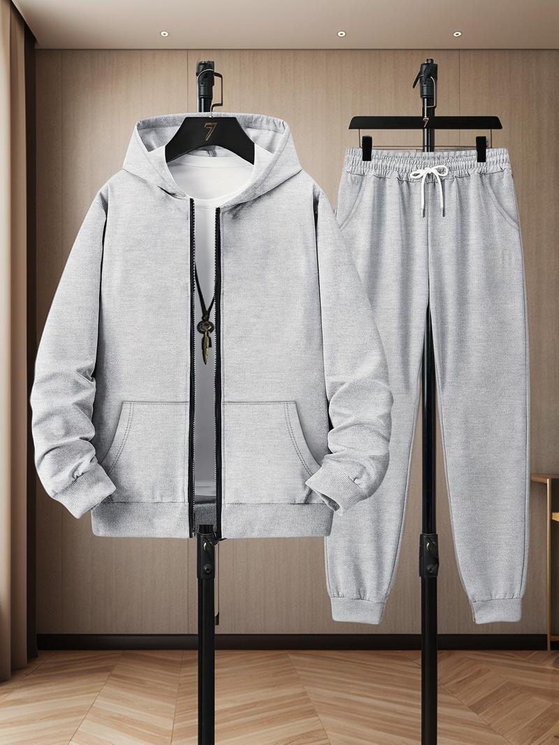Product Introduction of Men's Solid Zip Up Hoodie & Drawstring Waist Sweatpants Two-Piece Set, Casual Regular Fit Long Sleeve Hooded Sweatshirt & Jogger Pants for Daily Wear, Men's Two-piece Outfits for All Seasons 4
