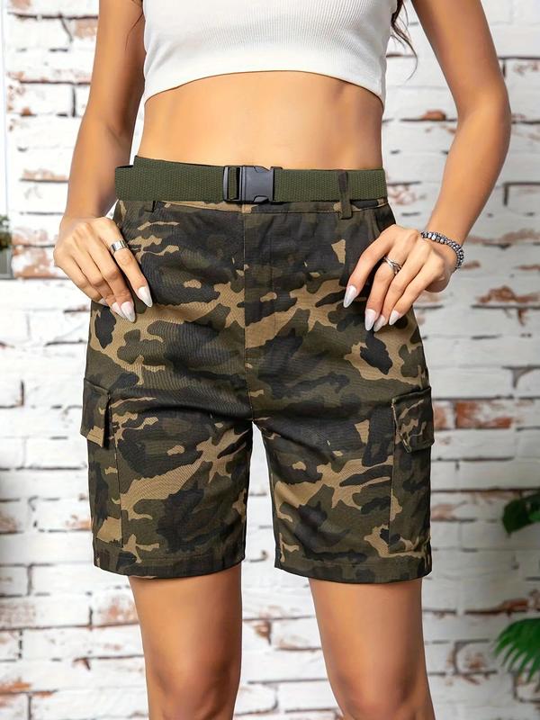 Women's Camo Print Belted Cargo Shorts, Casual Pocket Design Shorts for Summer, Ladies Bottoms for Daily Wear 5