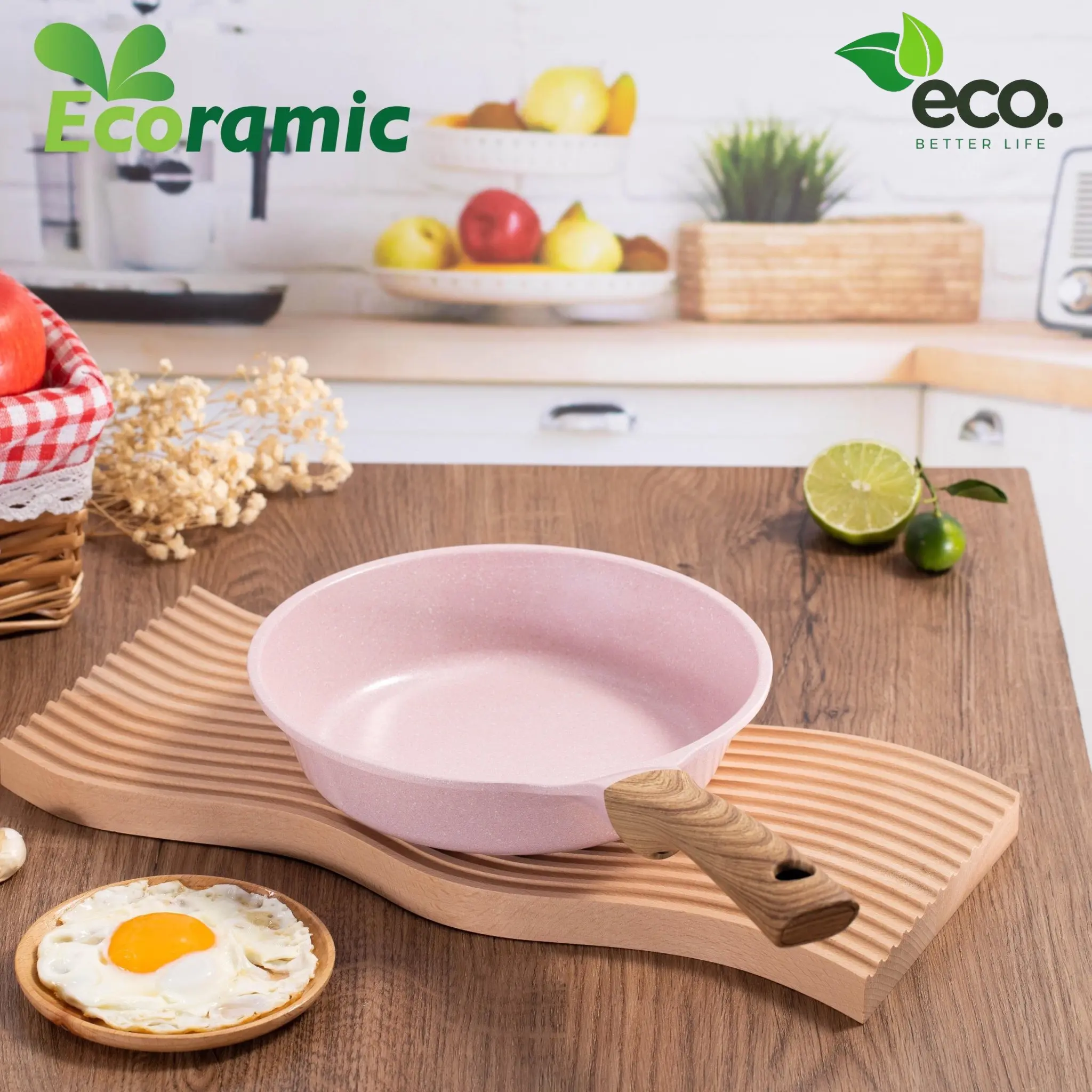(Ecoramic Platinum) Chảo Cạn Vân Đá Ecoramic Platinum, Màu Hồng Pastel - 7 Lớp Chống Dính Cao Cấp, Dùng Cho Mọi Bếp