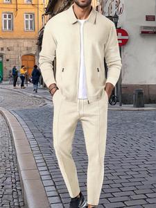 Men's Solid Zip Up Jacket & Pants Two-piece Set, Regular Fit Casual Long Sleeve Zip Front Outerwear & Trousers for Daily Wear, Men's Two-piece Outfits for All Seasons