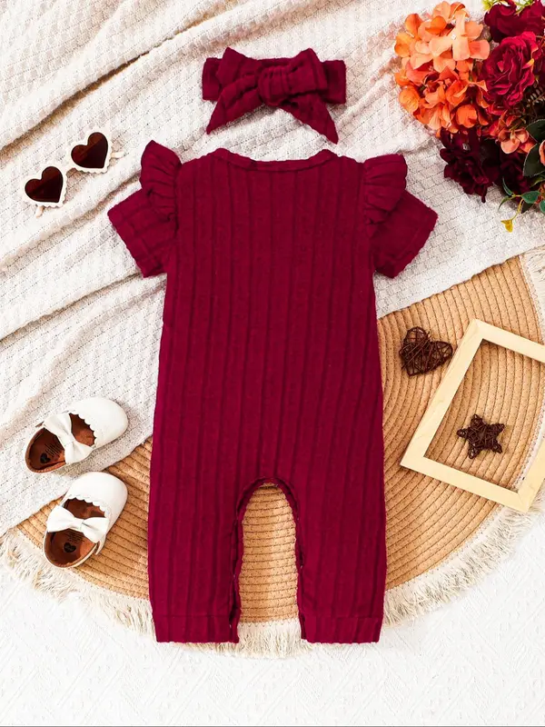 Baby's Solid Ruffle Trim Short Sleeve Jumpsuit & Headbands Set, Cute Casual for Infant Toddler Kids Fall & Winter, Newborn Baby Girls Clothes 1