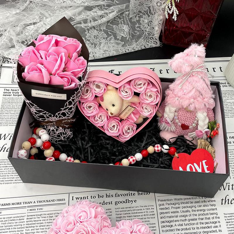 Product Introduction of Valentine's Day Gift Box, 1 Set Including Wooden Bead Necklace, Gnome Doll, Rose Bouquet & Bear Gift Box, Gifts for Women, Mother's Day Gift 0