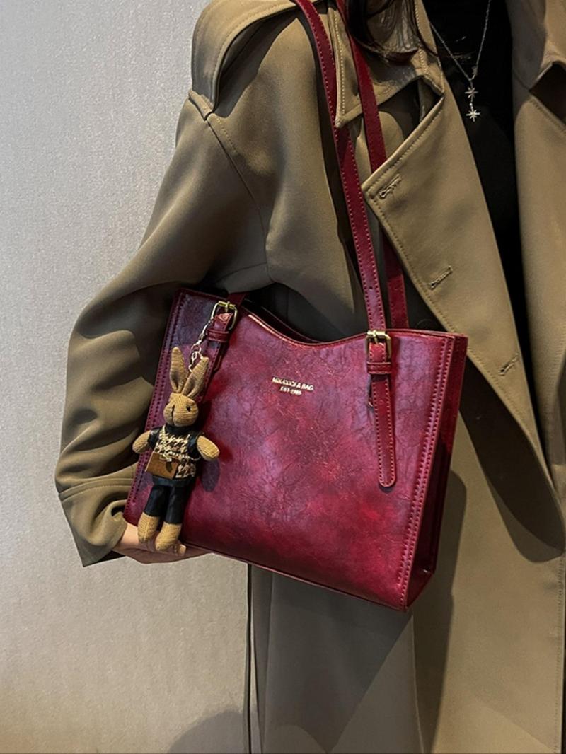 Product Introduction of Women's Minimalist Zipper Tote Bag, Fashionable Solid Color Large Capacity Shoulder Bag with Rabbit Charm, Female Trendy Commuter Bag for Work & Daily Used 6