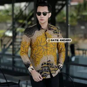 ALIF Baju Batik Kerja Pria Slim-fitting Bahan Katun Lapis Furing Ero Warna Kunyit Hitam Panjang