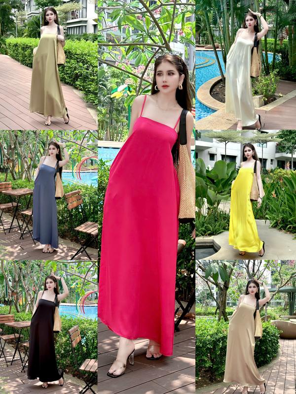 ĐẦM suông 2 dây dáng dài LỤA QUEEN xoè nhẹ (có mút)(2size)