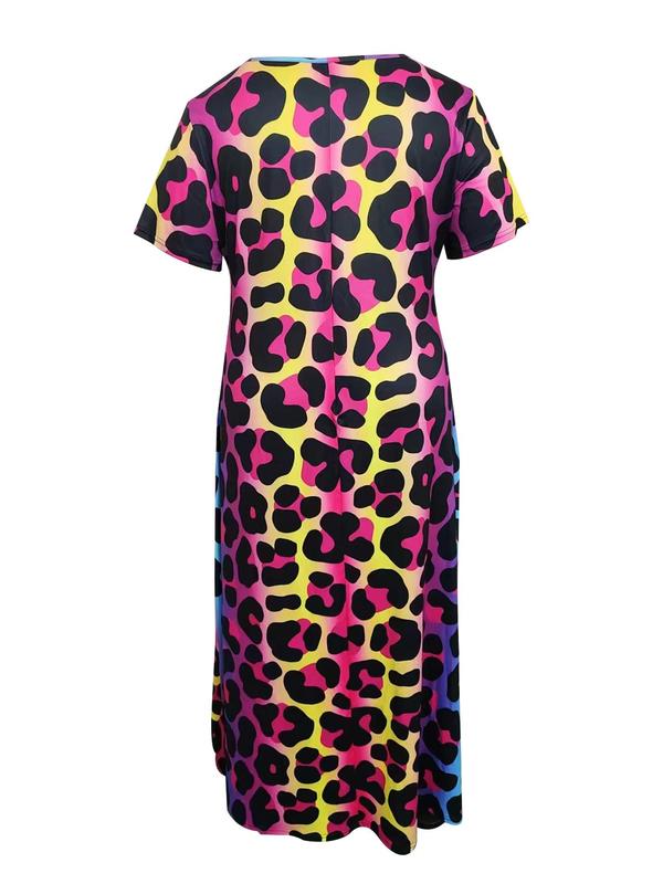 【Plus Size】 All Over Print Round Neck Dress, Casual Short Sleeve Dress for Summer, Women's Plus Clothing for Daily Wear 1