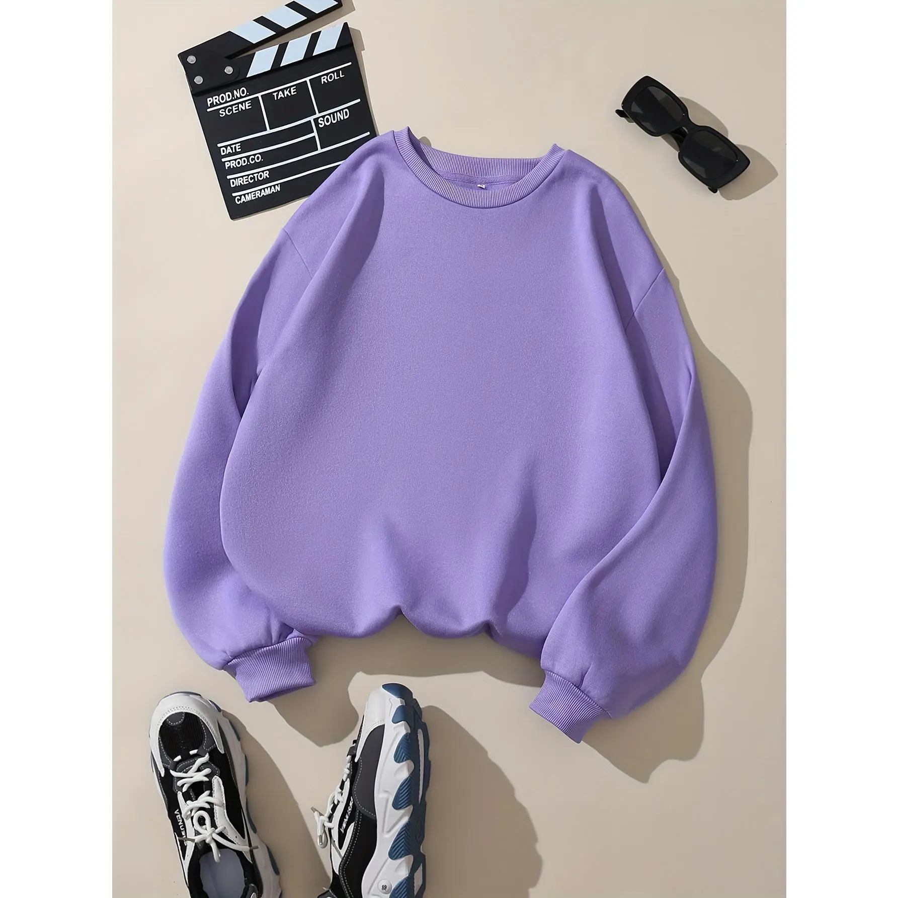 Women's Casual Long-Sleeved Sweatshirt, Solid Color Loose Crew Neck Active Pullover Sweatshirt, Women's Clothing