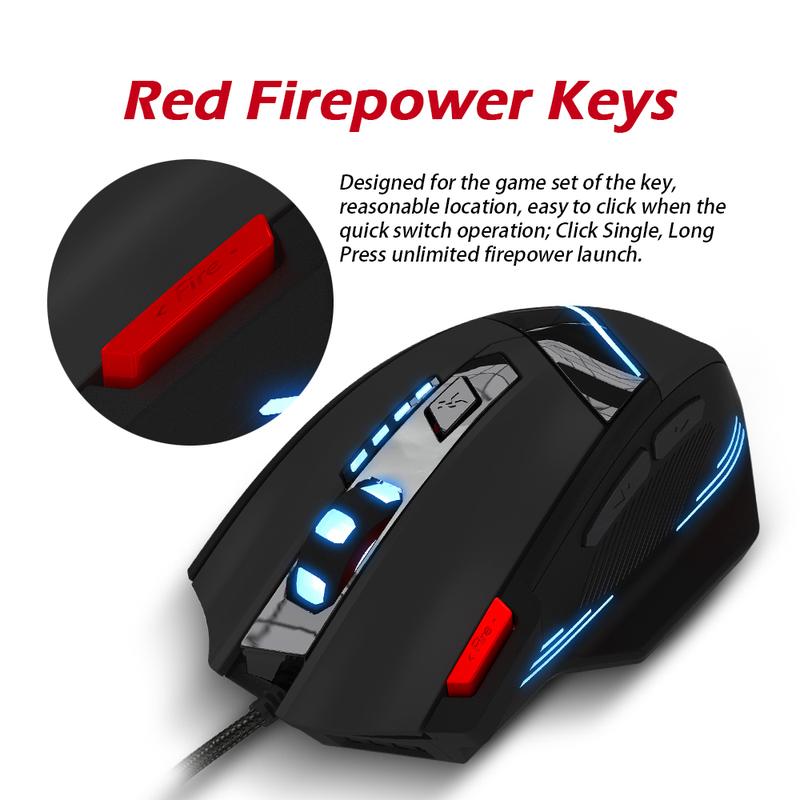 Zelotes T60 Macro Wired Gaming Mouse 7200 DPI Wired USB 7 Buttons Multi-Modes LED Lights Programmable 5